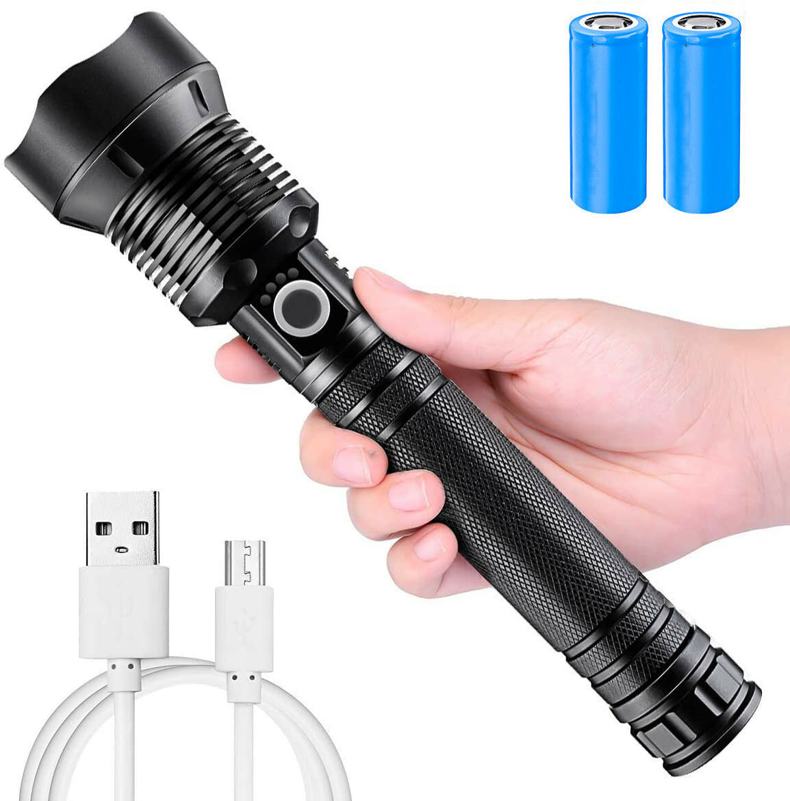 USB Rechargeable Zoomable Flashlight Set with 26650 Battery, USB Cable, Adjustable Focus for Camping, Hunting, Fishing