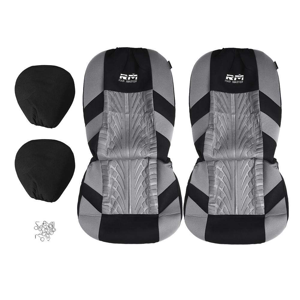 Universal Double Seat Fabric Car Front Seat Cover Cushion Protector - Full Surround, Black and Grey