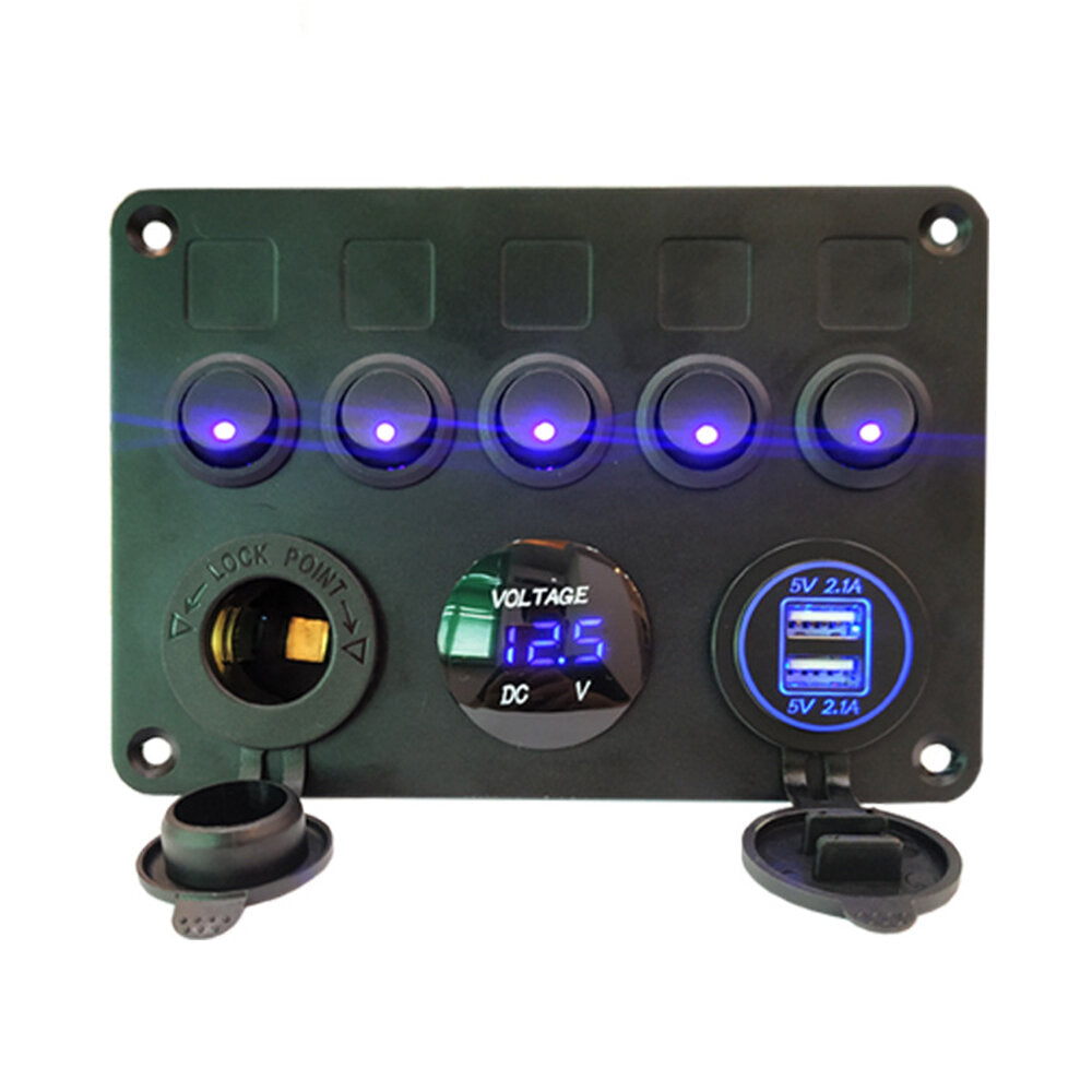 12-24V Universal 5-Gang Rocker Switch Panel with USB Charger, LED Voltmeter, Waterproof for Car, Truck, Boat, Marine