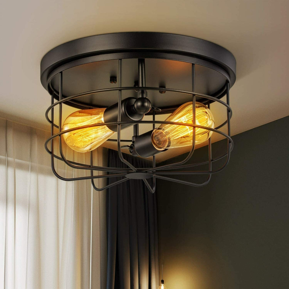 Industrial Vintage Metal Round Pendant Lamp - Semi Flush Mount Ceiling Light Shade, Bulb Not Included