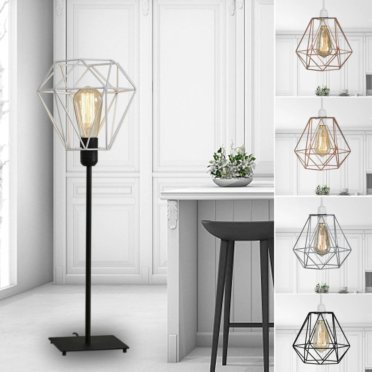 Geometric Wire Ceiling Pendant Light - Metal Cage Lampshade for Kitchen, Dining, Cafe, Bulb Not Included