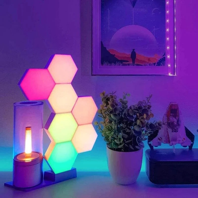 Sechseckige RGB-LED-Lampe mit Berührungssensor, USB, Fernbedienung – buntes Nachtlicht, RGBW-Wabendesign