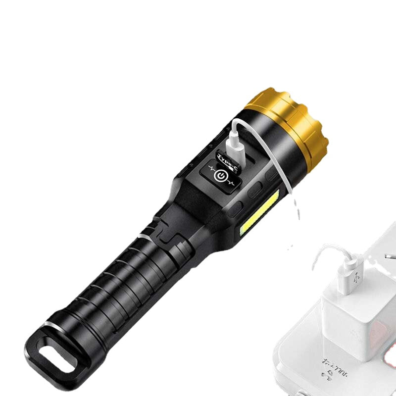 LED+COB 500m Long Range Flashlight, ABS Housing, Type-C USB Rechargeable, Portable LED Torch with COB Side Light