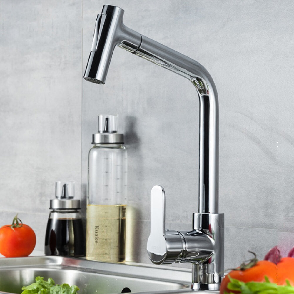 Chrome Single Handle Pull Out Kitchen Faucet - 360 Degree Swivel, Hot & Cold Water Mixer Tap