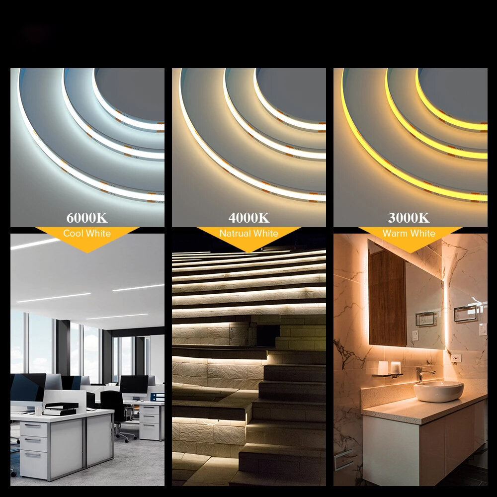 12V/24V High-Density LED Night Light Strip, 360/528 LEDs, Flexible FCOB COB, Adjustable Color Temp for Bedroom/Kitchen