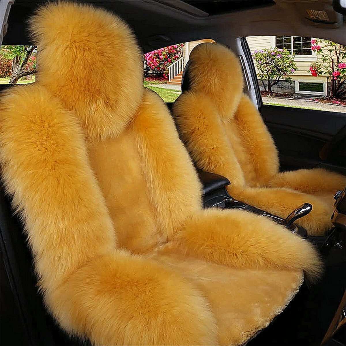 Universal Wool Sheepskin Car Seat Cover - Warm Fur Front Seat Cushion for Auto