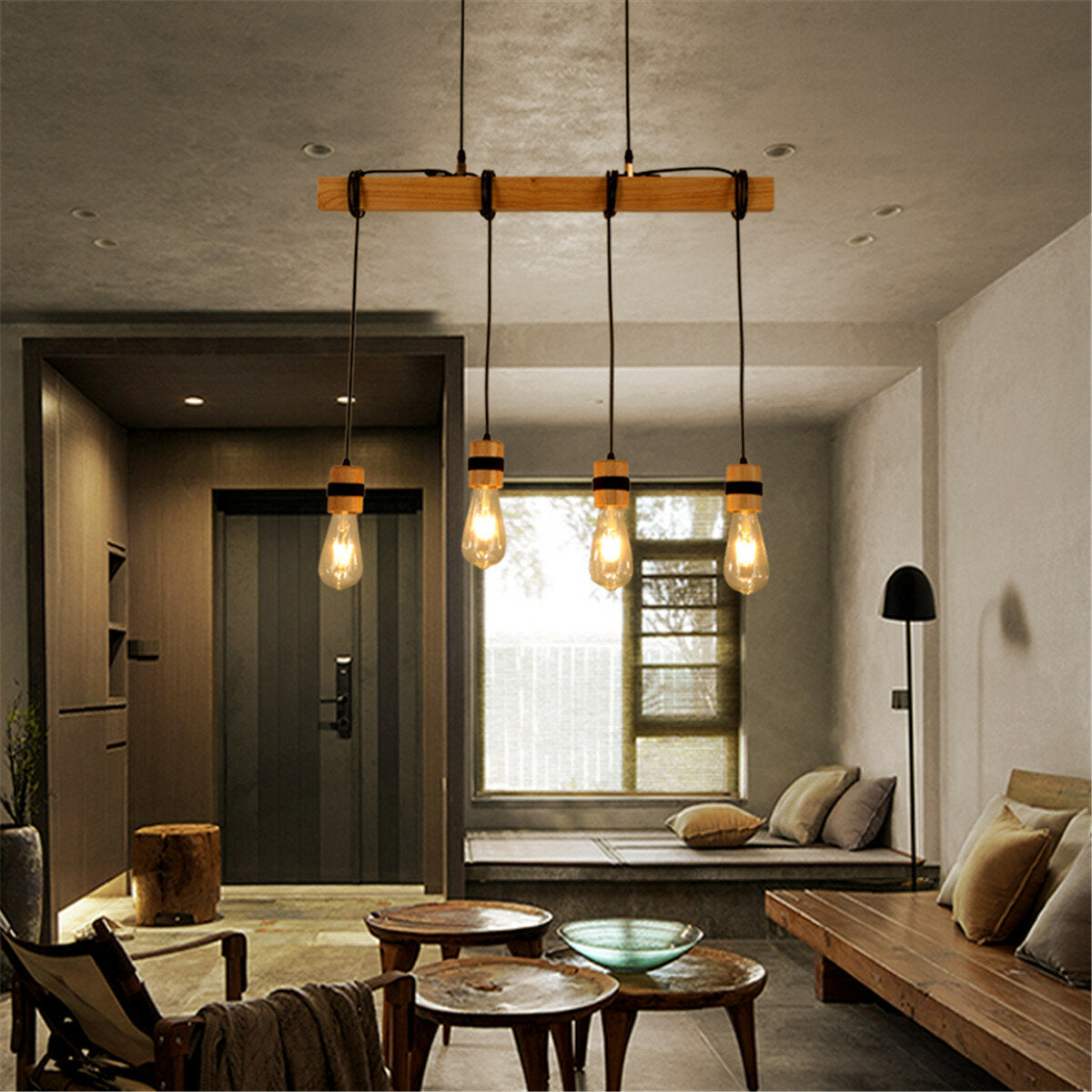 Industrial Wooden Pendant Light Fixture, AC85-265V Ceiling Lamp Chandelier, Bulb Not Included