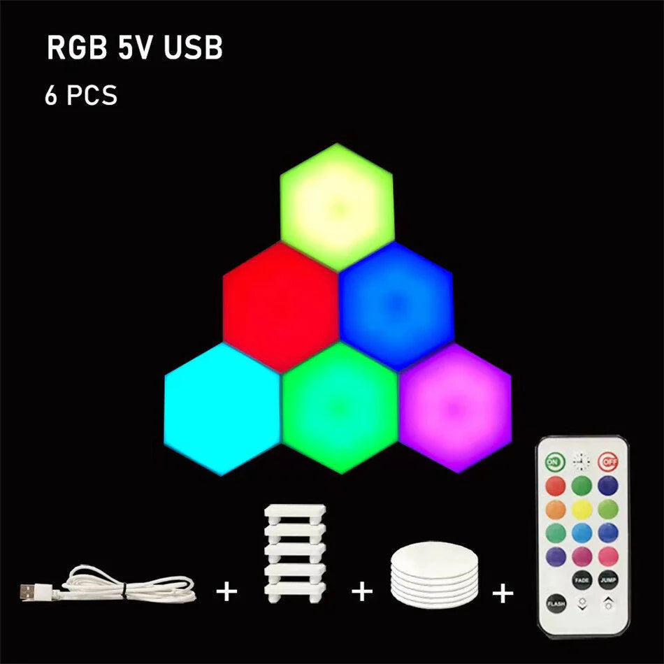 Hexagon RGB LED Lamp with Touch Sensor, USB, Remote Control - Colorful Night Light, RGBW Honeycomb Design