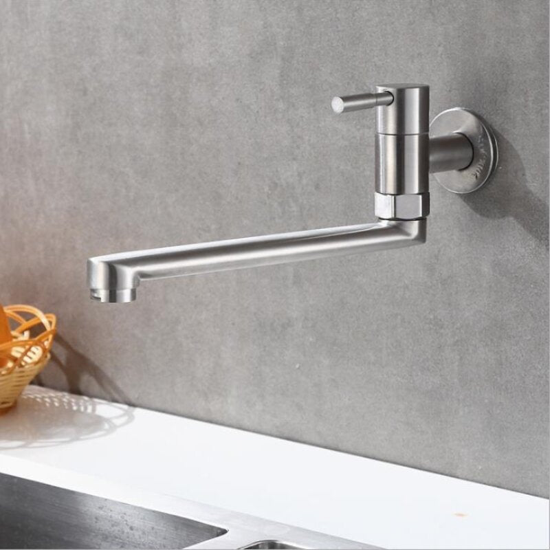 304 Stainless Steel Wall Mount Kitchen Faucet - Single Cold, Long Tap, Fast Open, Ideal for Mop Washing & Pools