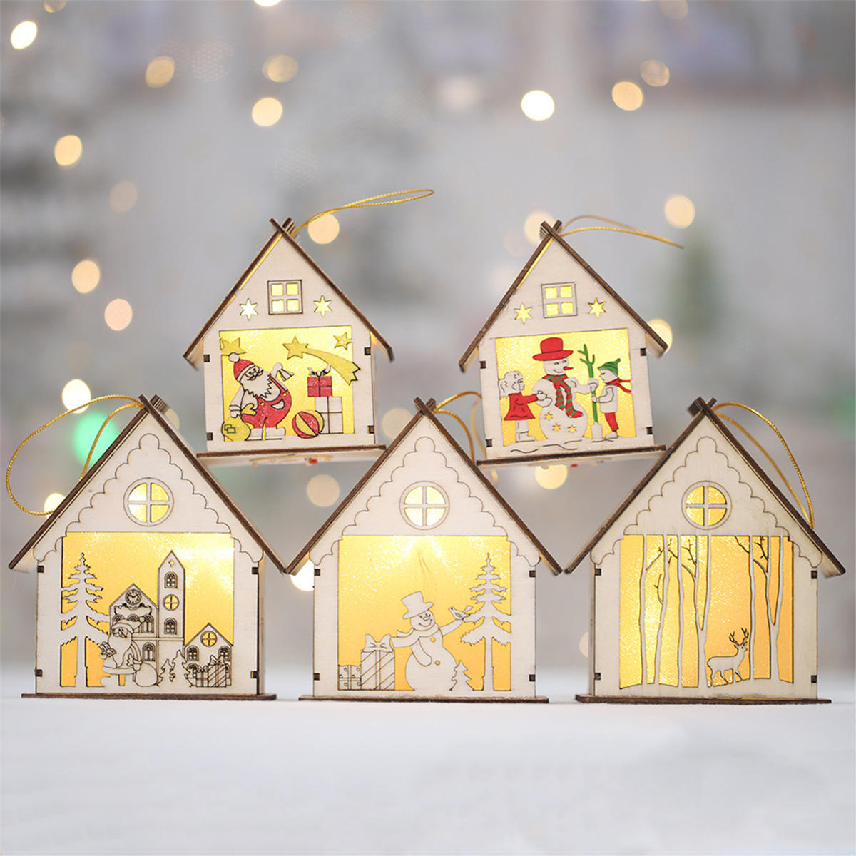 Christmas LED Wood House Light - Santa Claus Tree Hanging Ornaments Holiday Decoration