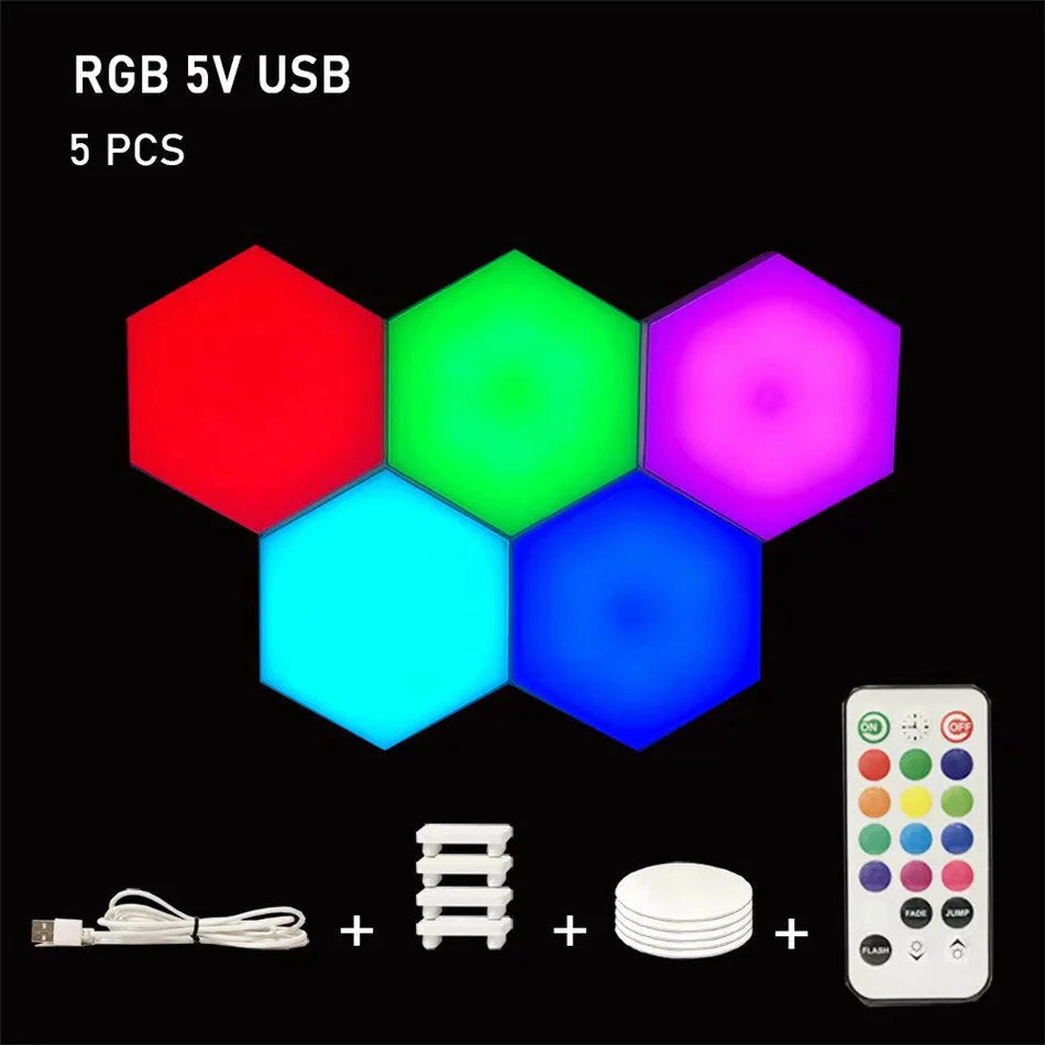 Sechseckige RGB-LED-Lampe mit Berührungssensor, USB, Fernbedienung – buntes Nachtlicht, RGBW-Wabendesign