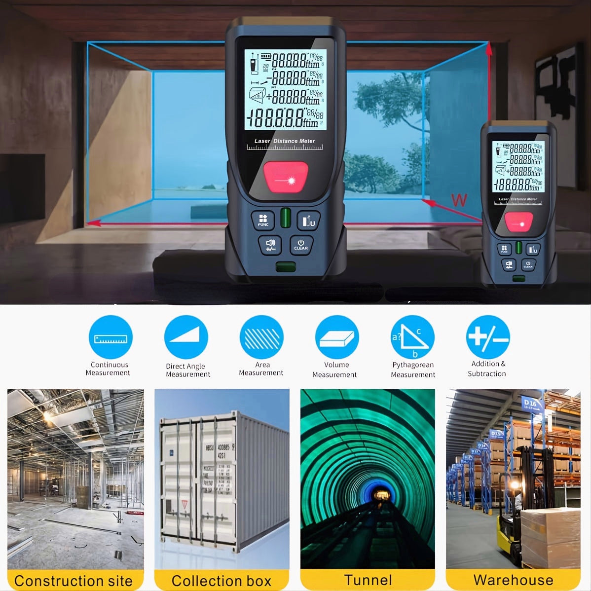 164ft Digital Laser Distance Meter with LCD for Measuring Area & Volume