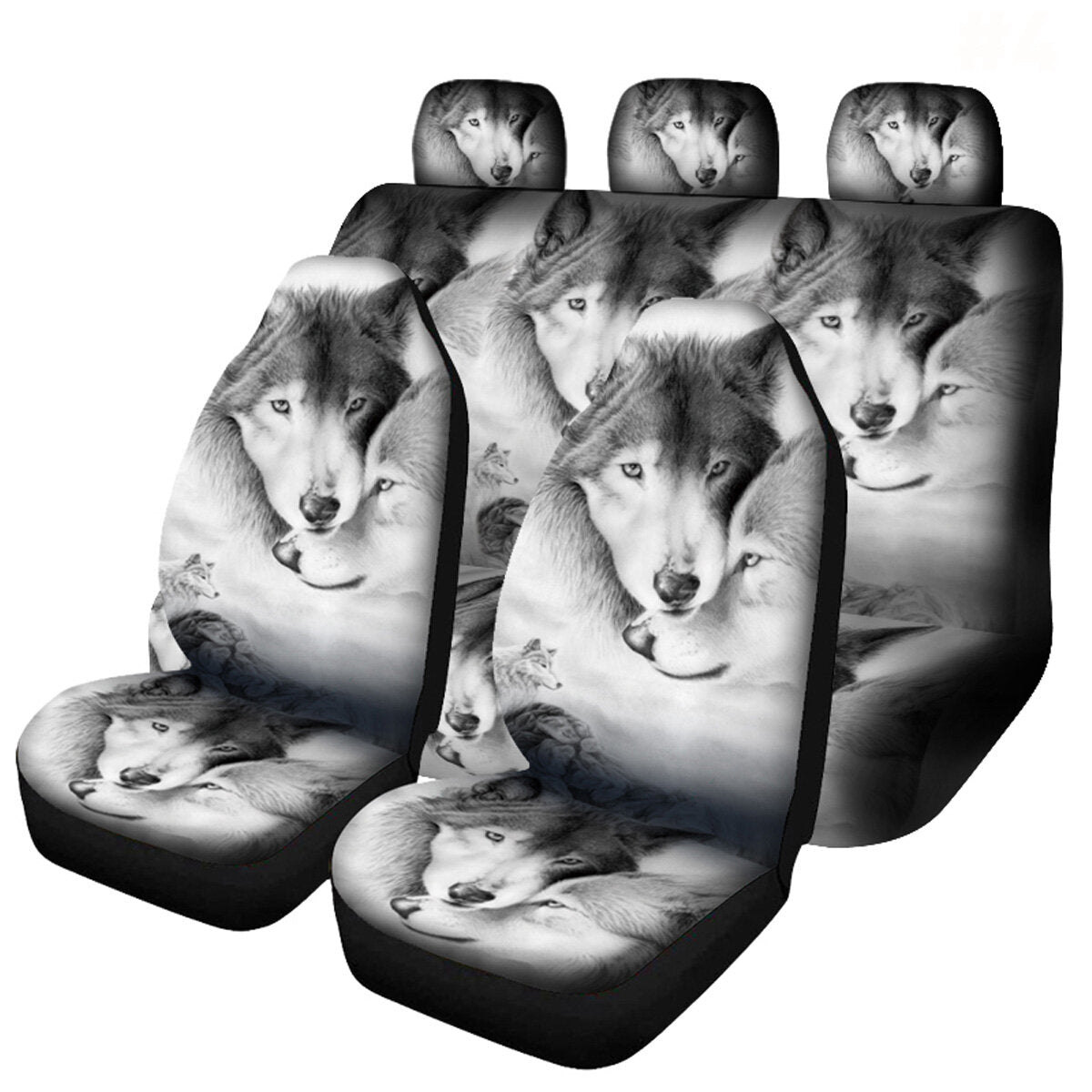 7-teiliges Set mit Autositzbezügen mit Wolfs-Print – universelle Passform für SUV, Vordersitzschutz