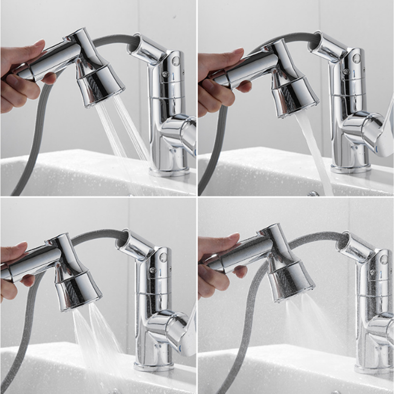 Bathroom Pull-Out Basin Faucet with Spring Sprayer, Hot and Cold Water Mixer Tap