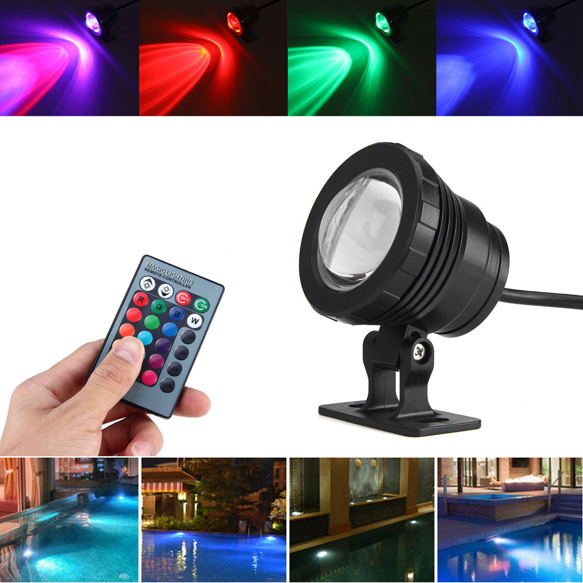 10W RGB LED Underwater Spotlight for Fountain, Pool, Pond - Waterproof with Remote Control