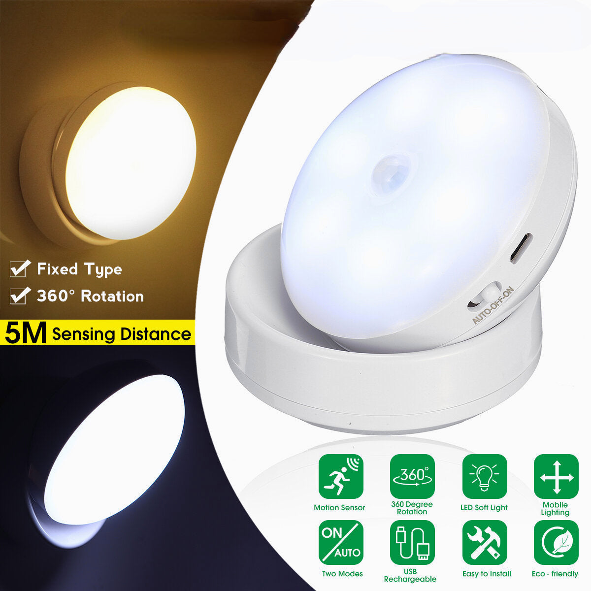 360 Degree Rotation LED Motion Sensor Night Light, USB Rechargeable for Stairs & Bedroom