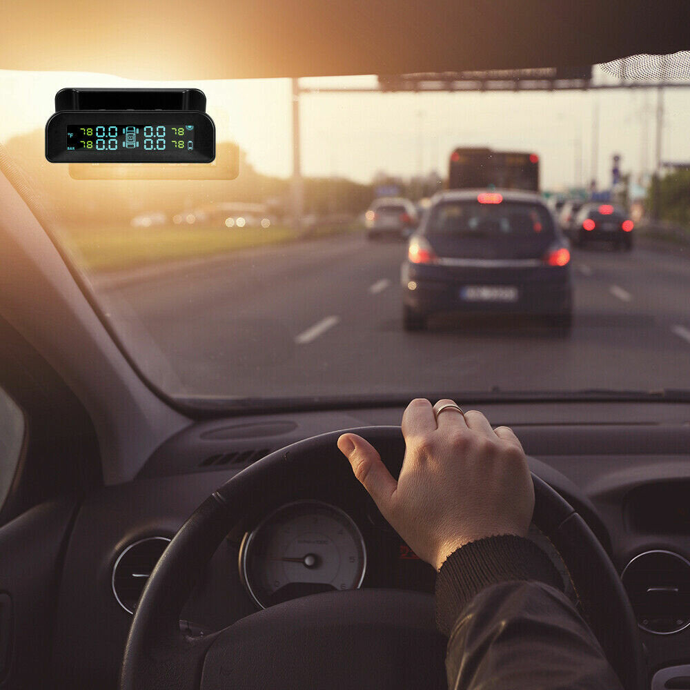 Solar-Powered Car Tire Pressure Monitoring System with LCD Screen and 4 Sensors - Real-Time Alerts