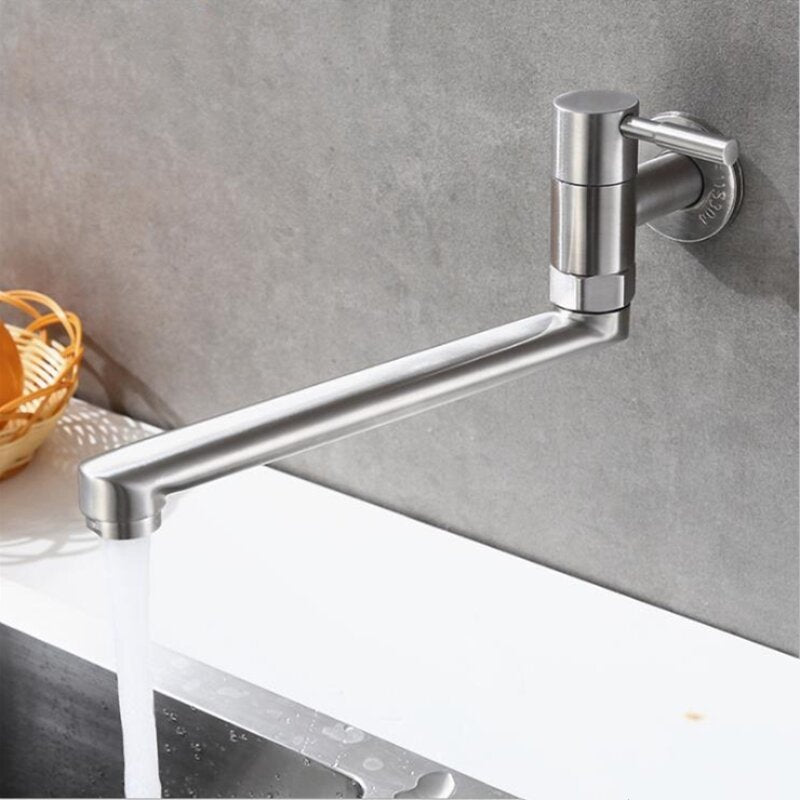 304 Stainless Steel Wall Mount Kitchen Faucet - Single Cold, Long Tap, Fast Open, Ideal for Mop Washing & Pools