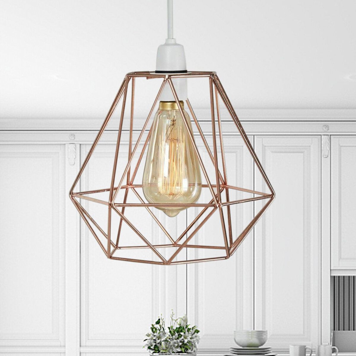 Geometric Wire Ceiling Pendant Light - Metal Cage Lampshade for Kitchen, Dining, Cafe, Bulb Not Included