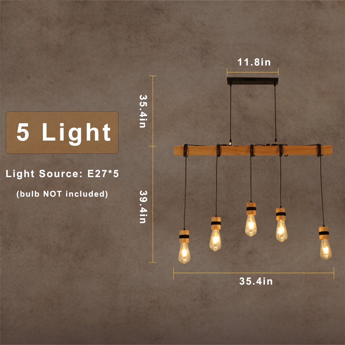 Industrial Wooden Pendant Light Fixture, AC85-265V Ceiling Lamp Chandelier, Bulb Not Included