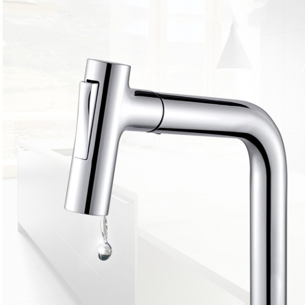 Chrome Single Handle Pull Out Kitchen Faucet - 360 Degree Swivel, Hot & Cold Water Mixer Tap