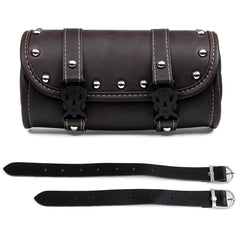 Dark Brown Leather Motorcycle Front Fork Tool Saddle Bag Pouch Luggage Barrel Saddlebags