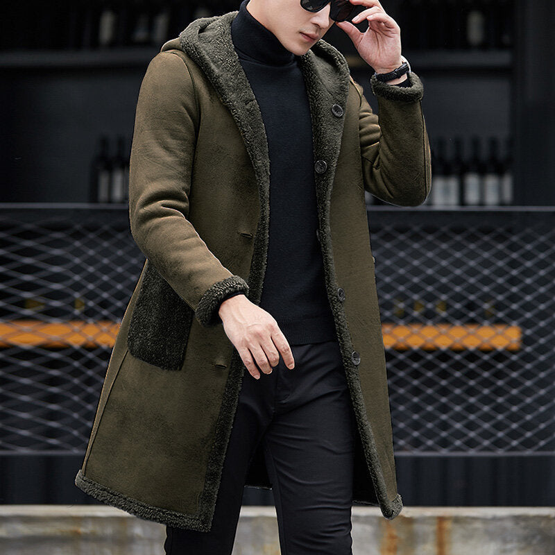 Men's Double-Sided Wearable Shearling Hooded Mid-Length Faux Fur Woolen Coat