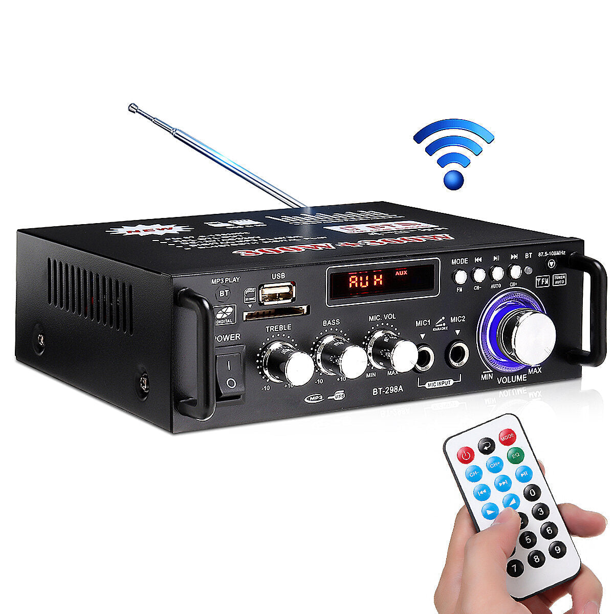 110V 12V HIFI Bass Car Audio Stereo Amplifier Bluetooth FM Radio 2CH 600W LED Display AUX SD for Car Home