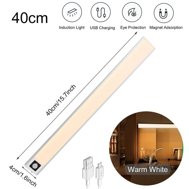 Über USB wiederaufladbares LED-Nachtlicht – 20/40/60 cm Körpersensorstreifen für Schlafzimmer, Kleiderschrank, Bücherregal, Treppe