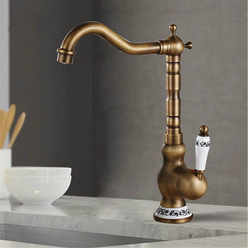 Antique Brass Kitchen Faucet - Swivel Single Hole Bathroom Basin Sink Tap with Porcelain Handle, Rotatable Crane