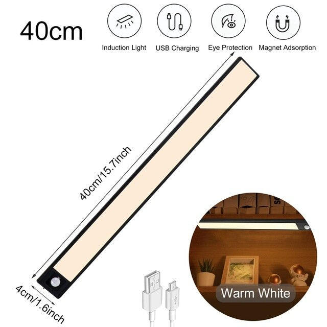 Über USB wiederaufladbares LED-Nachtlicht – 20/40/60 cm Körpersensorstreifen für Schlafzimmer, Kleiderschrank, Bücherregal, Treppe