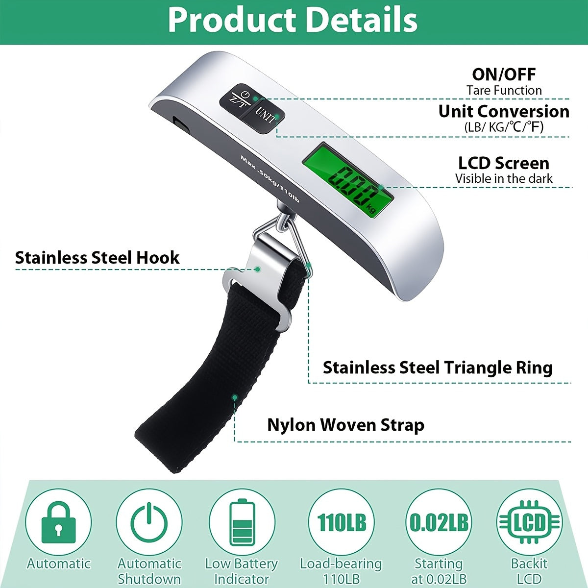 Digitale Handgepäckwaage mit LCD-Display und Hintergrundbeleuchtung, 110 lb/50 kg