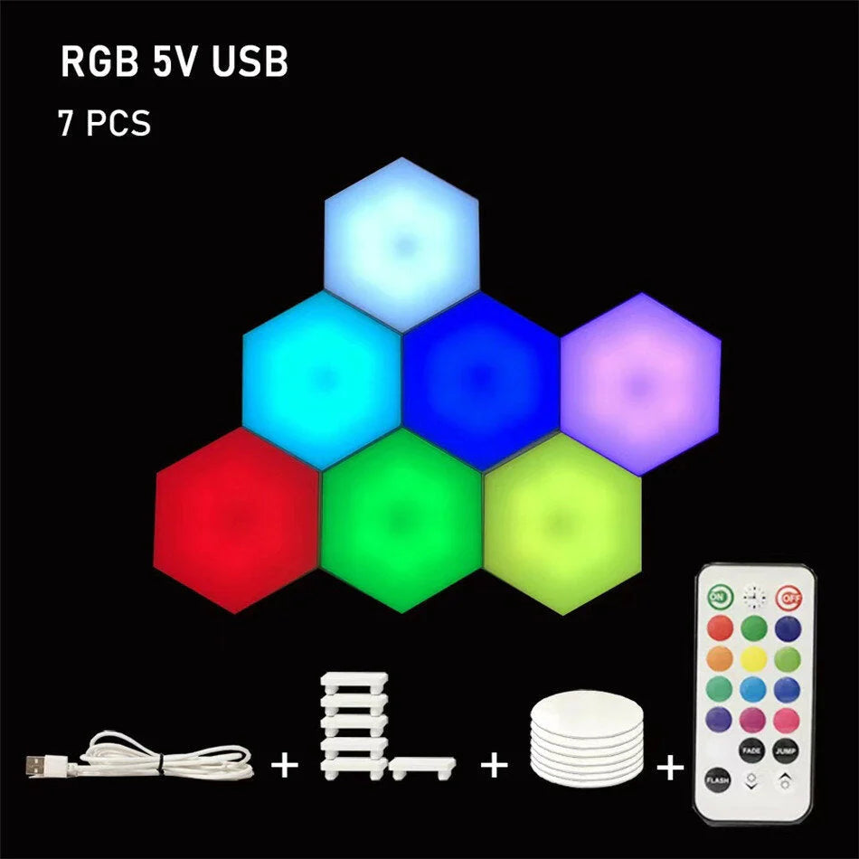 Hexagon RGB LED Lamp with Touch Sensor, USB, Remote Control - Colorful Night Light, RGBW Honeycomb Design