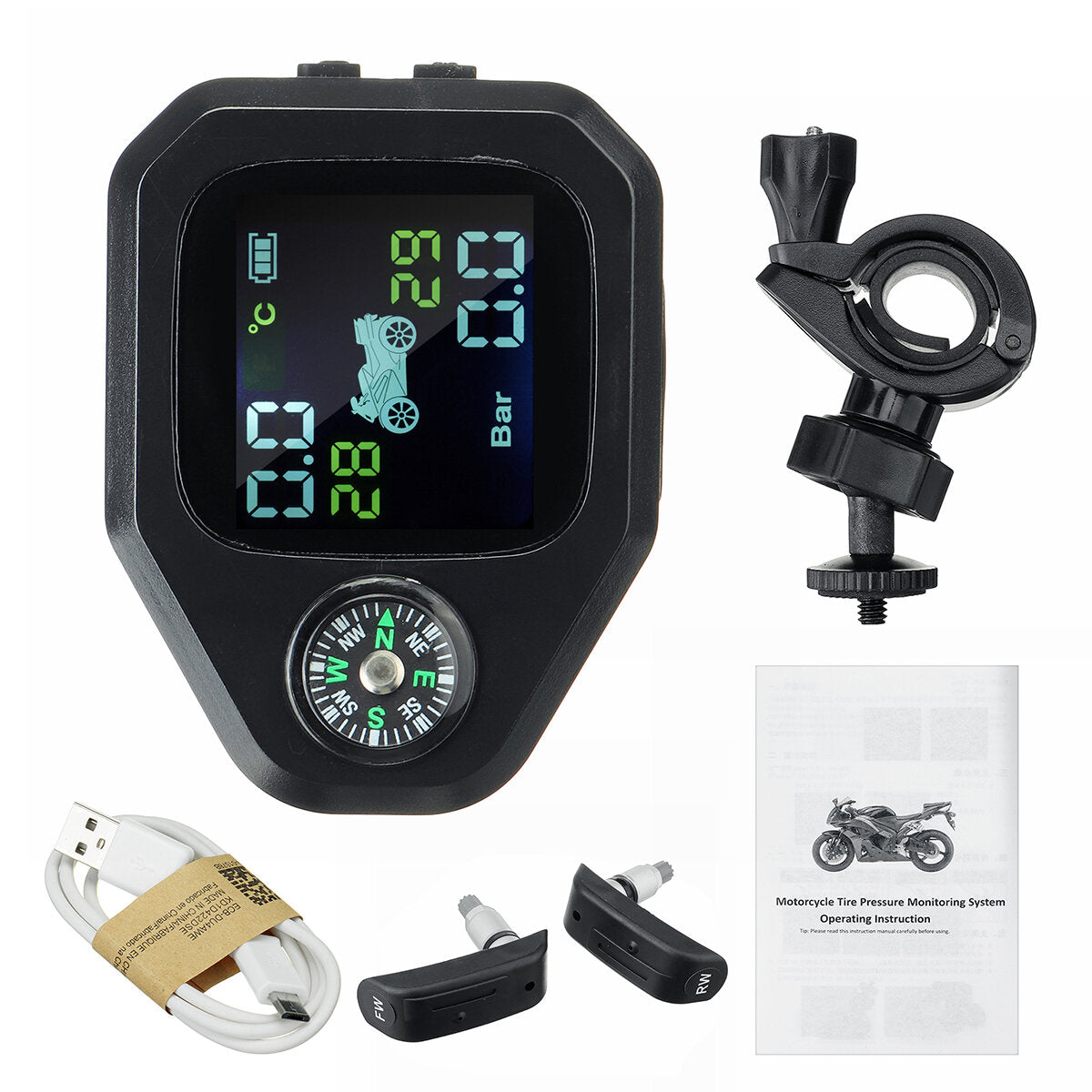 Waterproof Motorcycle Compass TPMS with LCD Display and 2pcs Sensors - Tire Pressure Monitoring and Alarm System