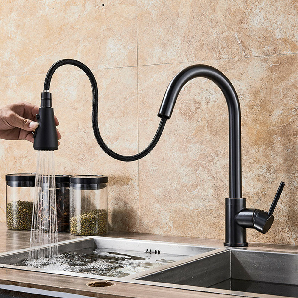 Matte Black Brass Kitchen Sink Faucet - Single Lever Pull Out Mixer for Hot & Cold Water