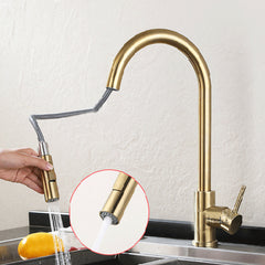 Brushed Gold Kitchen Sink Faucet - Pull Out, Single Handle, 360 Degree Rotating Water Tap Mixer