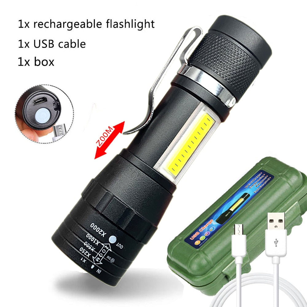 Portable Rechargeable Zoom LED Flashlight Torch with 3 Lighting Modes - Mini Camping Lantern Light