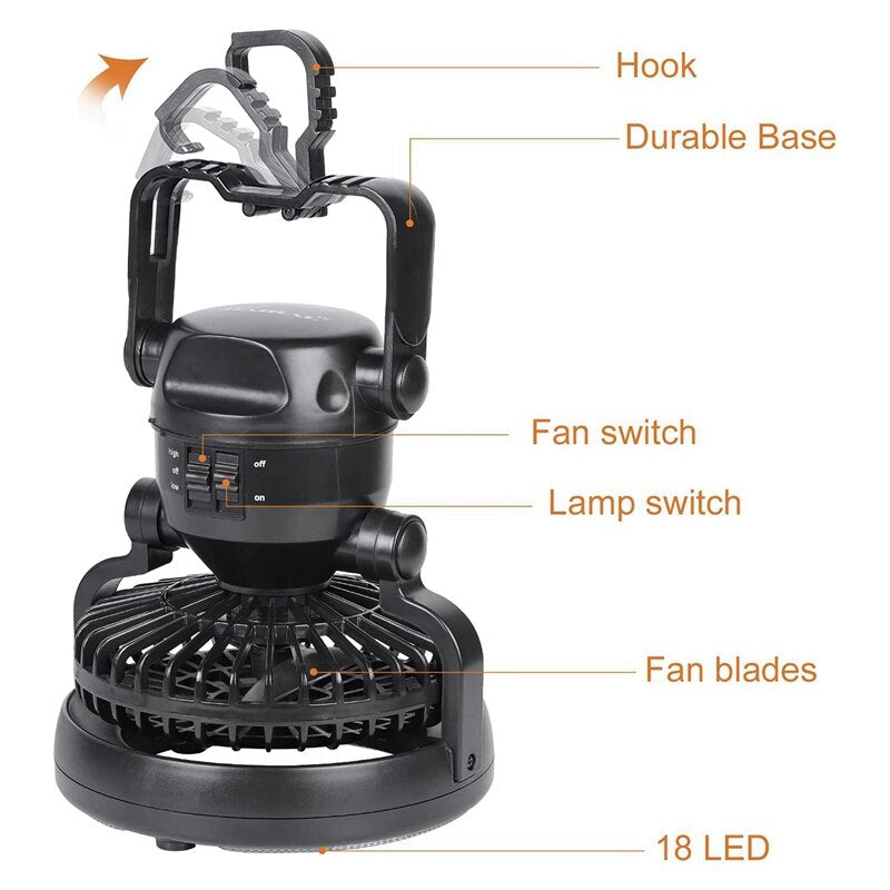 Portable Camping Ceiling Fan with LED Light - Hanging Lantern for Tent, Survival, Hiking, and Emergency Use