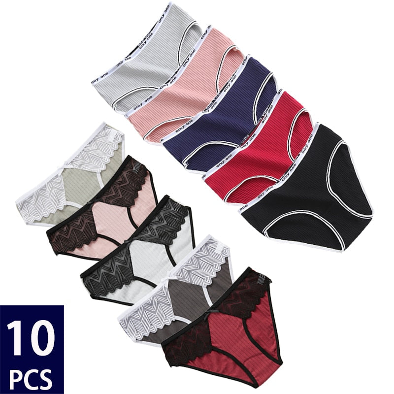 10Pcs Women's Cotton Panties Set - Sexy Floral Lace Underwear, Solid Color Lingerie, Comfortable Intimates for Ladies