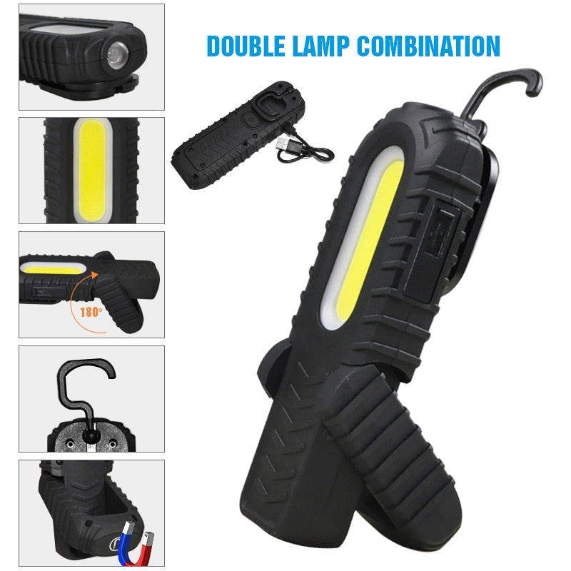 2-in-1 Rechargeable LED Work Light with Magnetic Base, Built-in Battery, COB Flashlight for Emergency Car Repairs