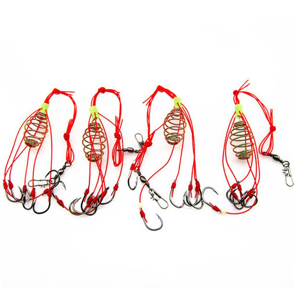 4Pcs Explosion Fishing Hooks with Bait Trap Feeder Cage and Stainless Steel Springs