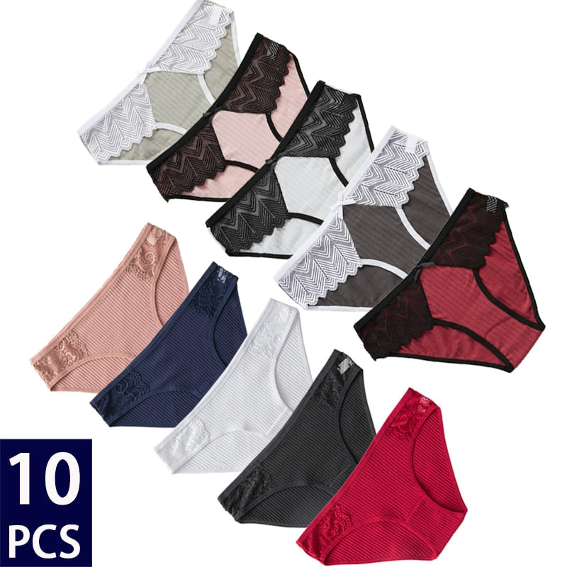 10Pcs Women's Cotton Panties Set - Sexy Floral Lace Underwear, Solid Color Lingerie, Comfortable Intimates for Ladies