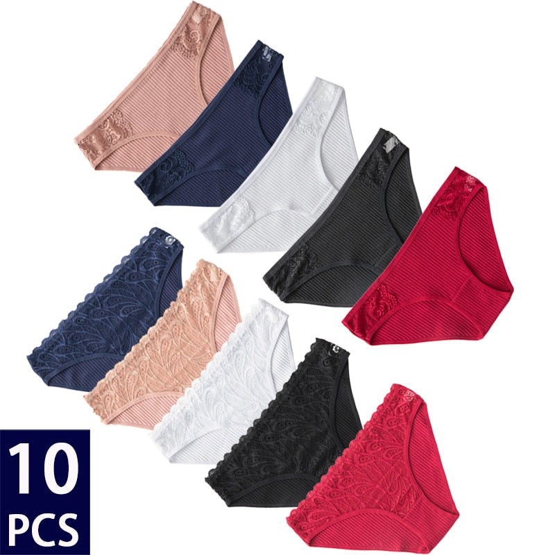 10Pcs Women's Cotton Panties Set - Sexy Floral Lace Underwear, Solid Color Lingerie, Comfortable Intimates for Ladies