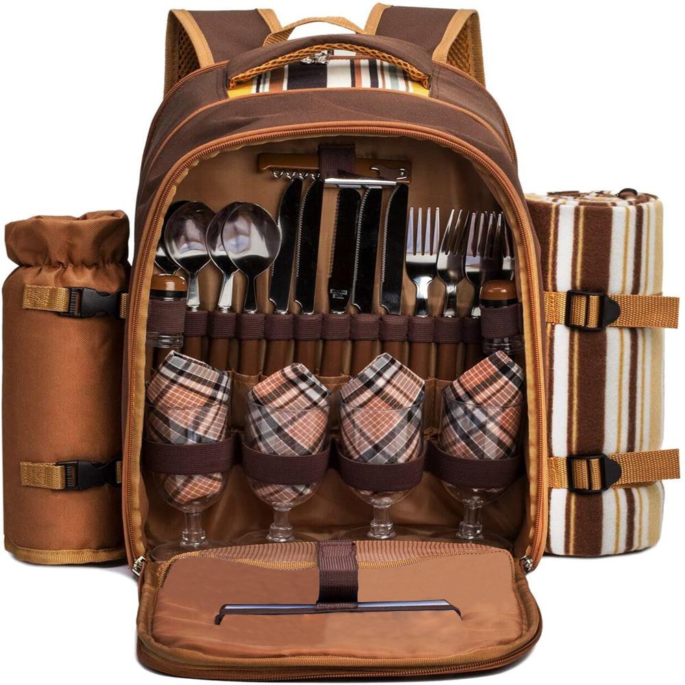 Four-Person Picnic Backpack with Tableware Set, Thermal Insulation, Cold Storage, and Double-Shoulder Straps for Outdoor Camping