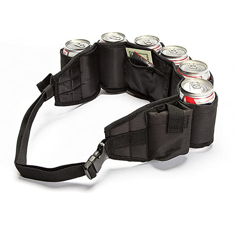 Insulated Beer Belt Holder for 6 Cans with Adjustable Strap, Buckle, and Hidden Pocket - Perfect for Parties