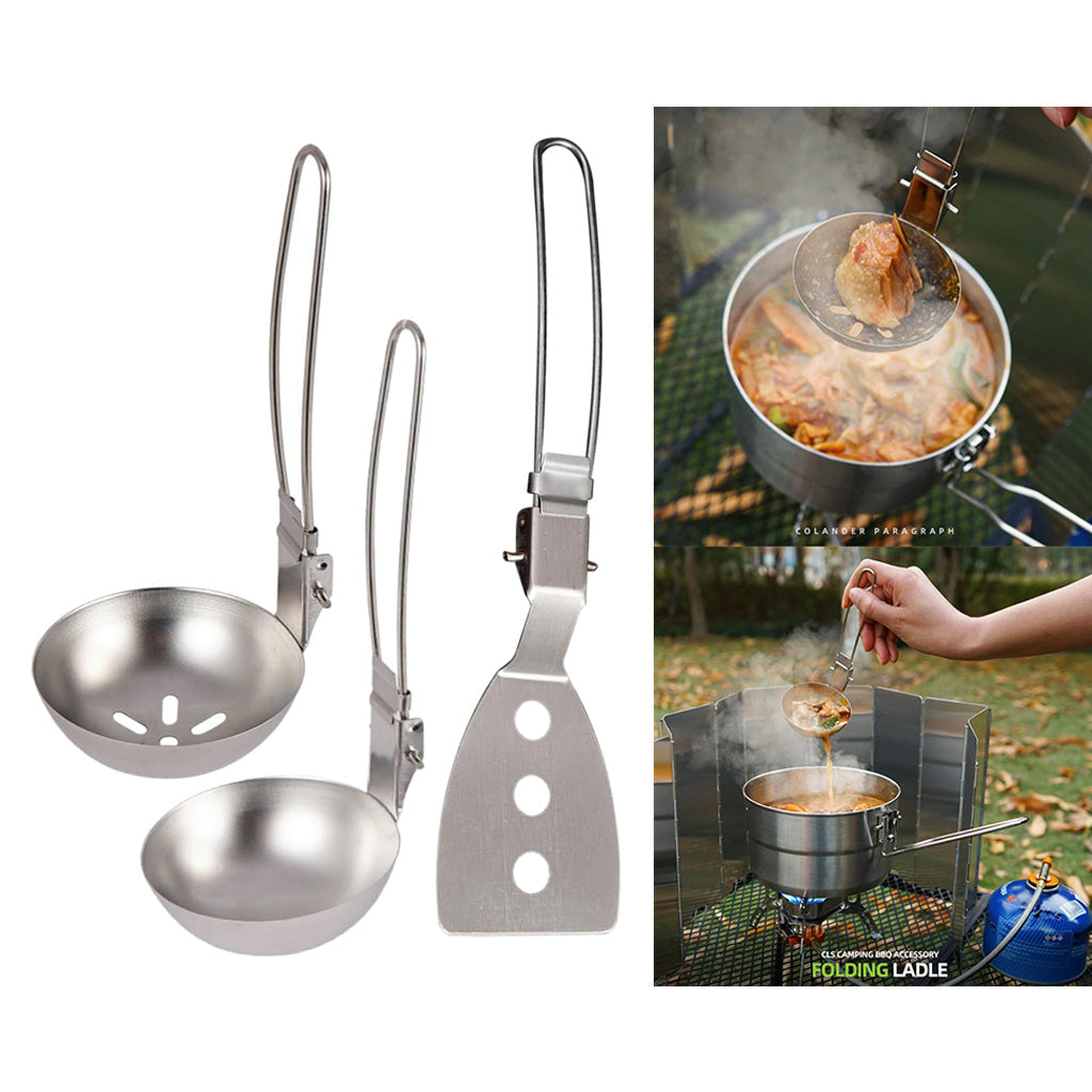 Camping Cooking Utensils: Folding Stainless Steel Skimmer, Slotted Spoon, and Baking Tableware