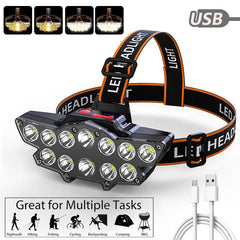 12 LED Rechargeable Headlamp - Super Bright, Waterproof for Fishing, Camping, Hiking, Outdoor Activities