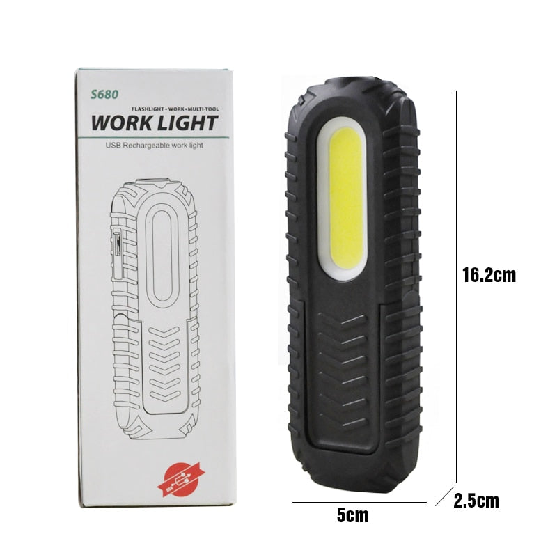 2-in-1 Rechargeable LED Work Light with Magnetic Base, Built-in Battery, COB Flashlight for Emergency Car Repairs