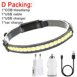 Rechargeable COB LED Headlamp - Built-in Battery, Waterproof, White & Red Light for Camping & Work