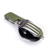 Portable Stainless Steel Travel Kit: Army Green Folding Camping Cutlery Set with Knife, Fork, Spoon, and Bottle Opener